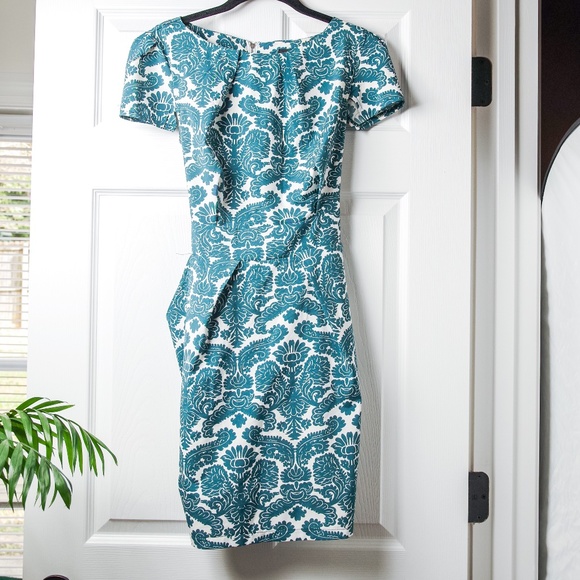 Inomi Dresses & Skirts - Teal White Dress Damask Pattern Inomi Pleated Pocket Tie Back